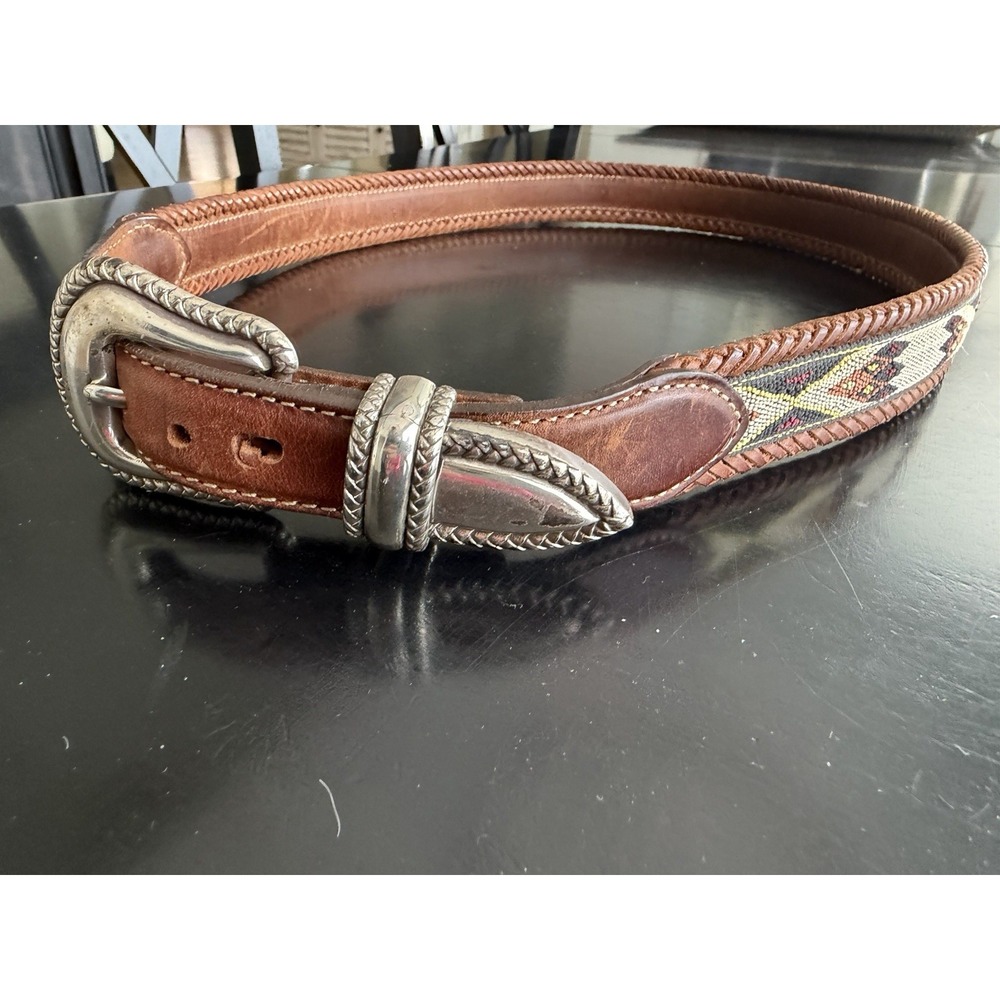 Tony Lama Mens 38 Brown Leather Belt Southwestern Woven Inlay Braided Trim